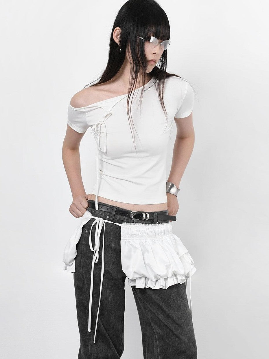ANYQUESTION Black White Ruched Lace Tie Adjustable Waist Tulip Women&