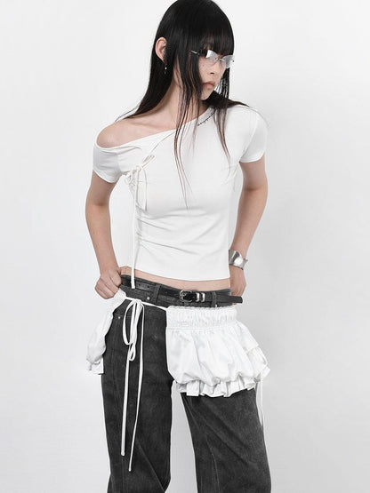 ANYQUESTION Black White Ruched Lace Tie Adjustable Waist Tulip Women&