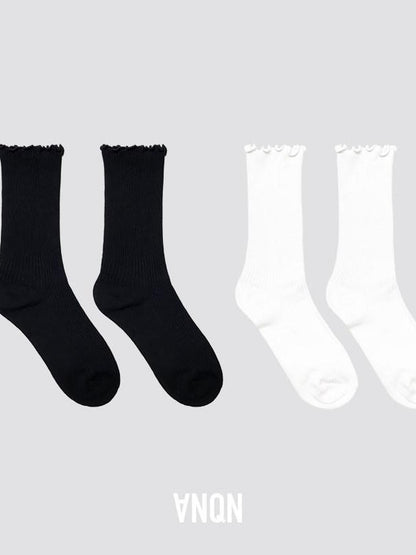 ANYQUESTION Black White Solid Color Ruffle Edge Knee High Women&