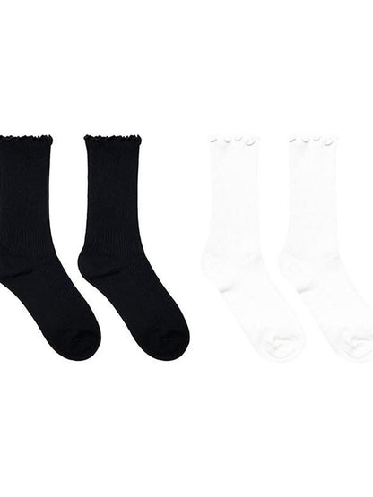 ANYQUESTION Black White Solid Color Ruffle Edge Knee High Women&
