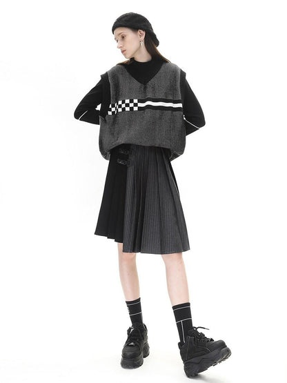 ANYQUESTION Black White Striped Jacquard V-neck Loose Knit Women&