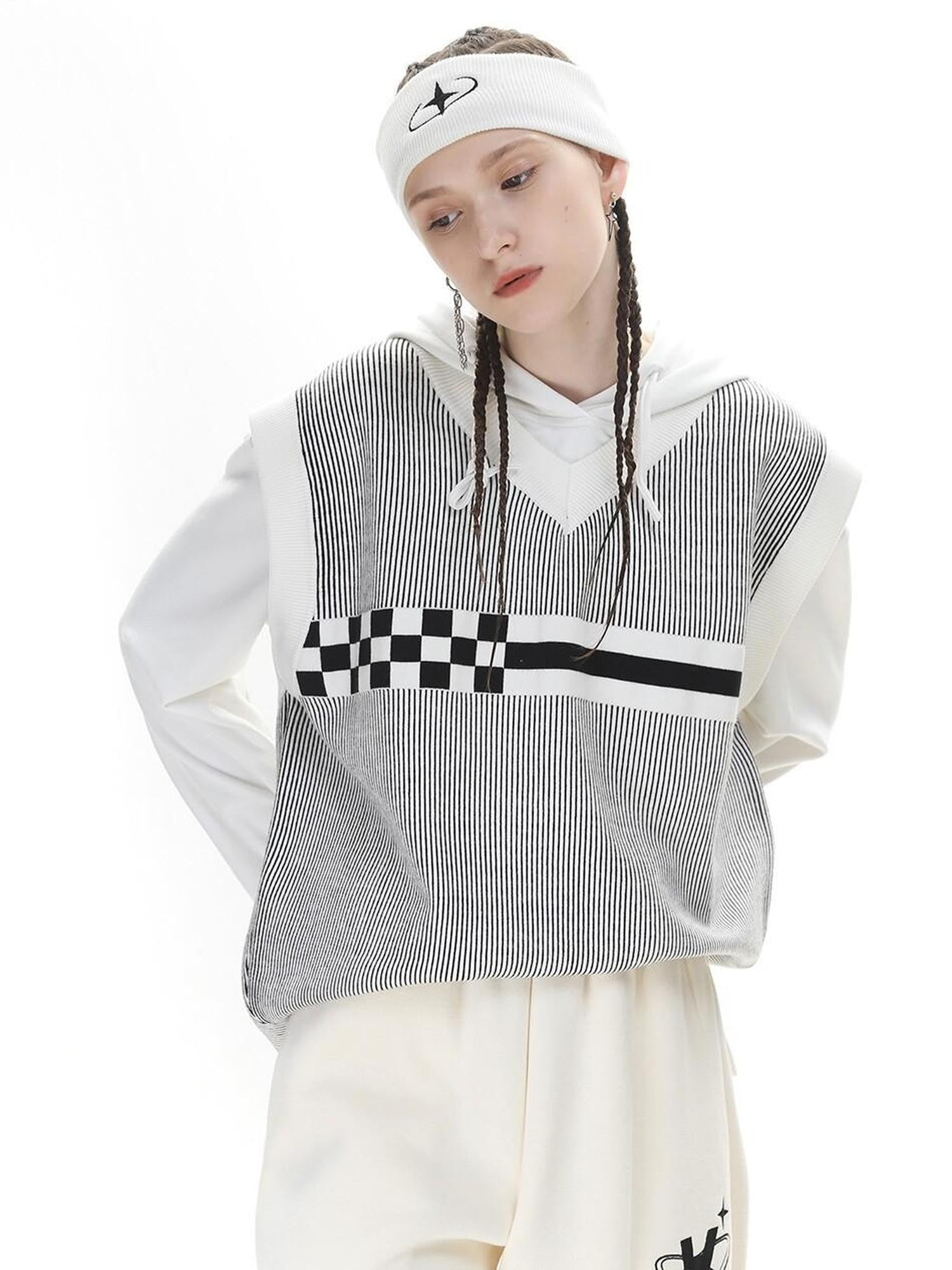 ANYQUESTION Black White Striped Jacquard V-neck Loose Knit Women&