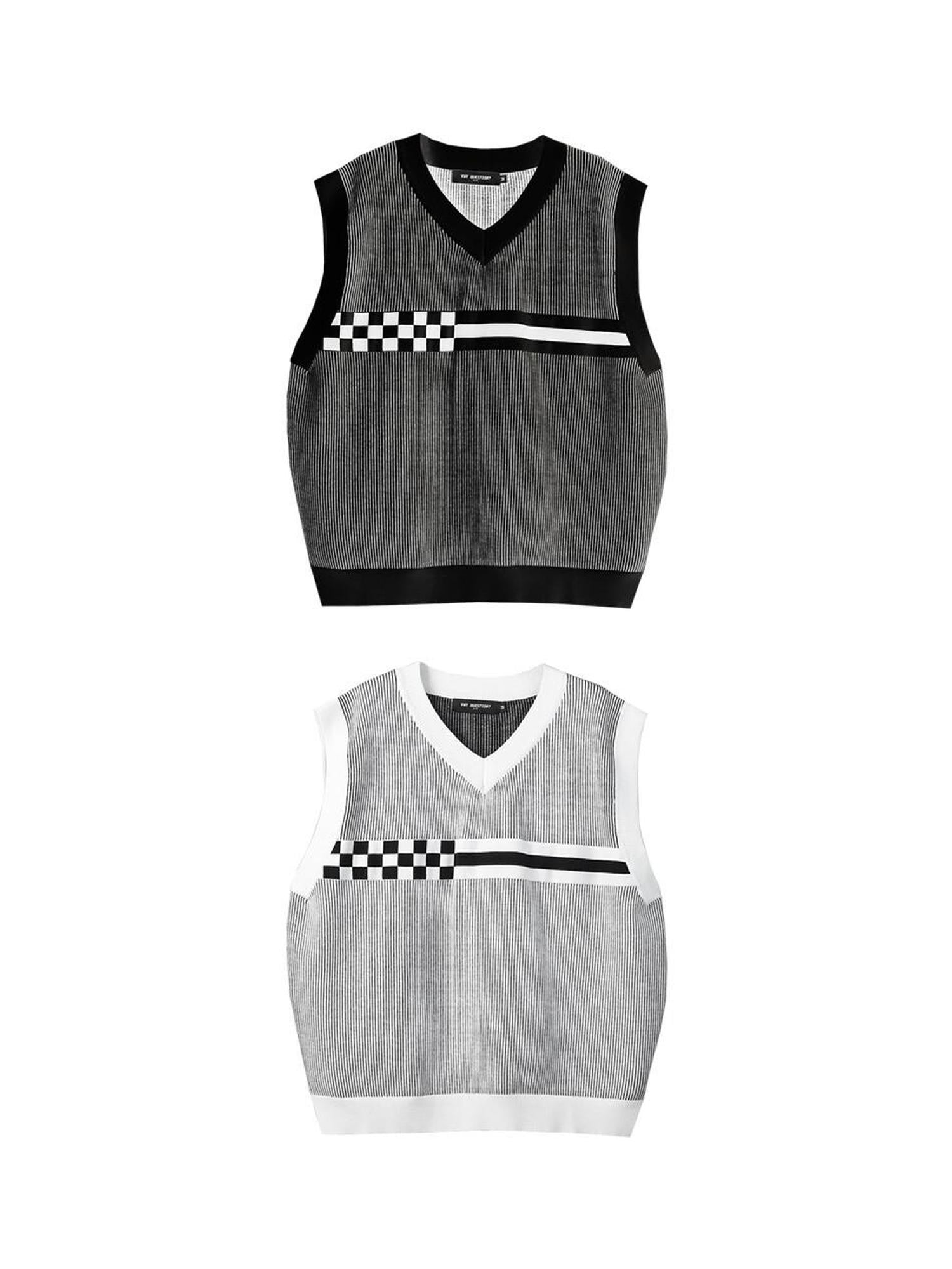 ANYQUESTION Black White Striped Jacquard V-neck Loose Knit Women&