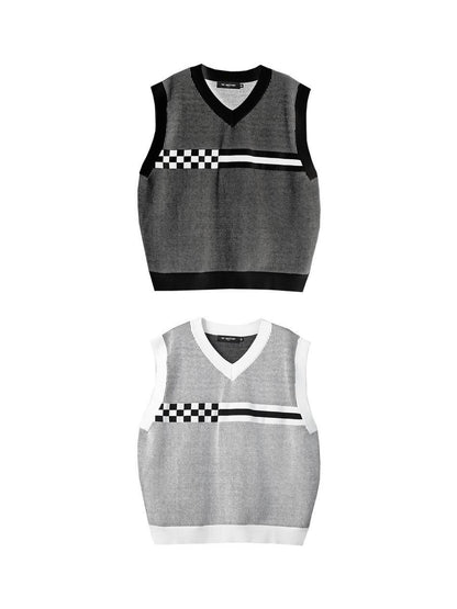 ANYQUESTION Black White Striped Jacquard V-neck Loose Knit Women&