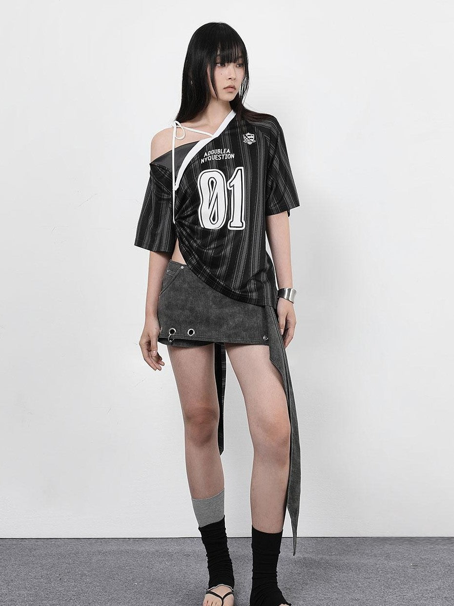 ANYQUESTION Black White Striped Mesh Lace Up Women&