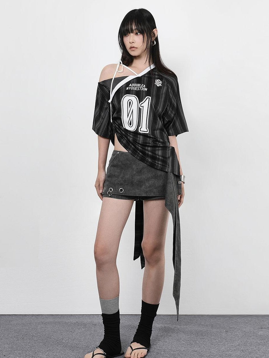 ANYQUESTION Black White Striped Mesh Lace Up Women&