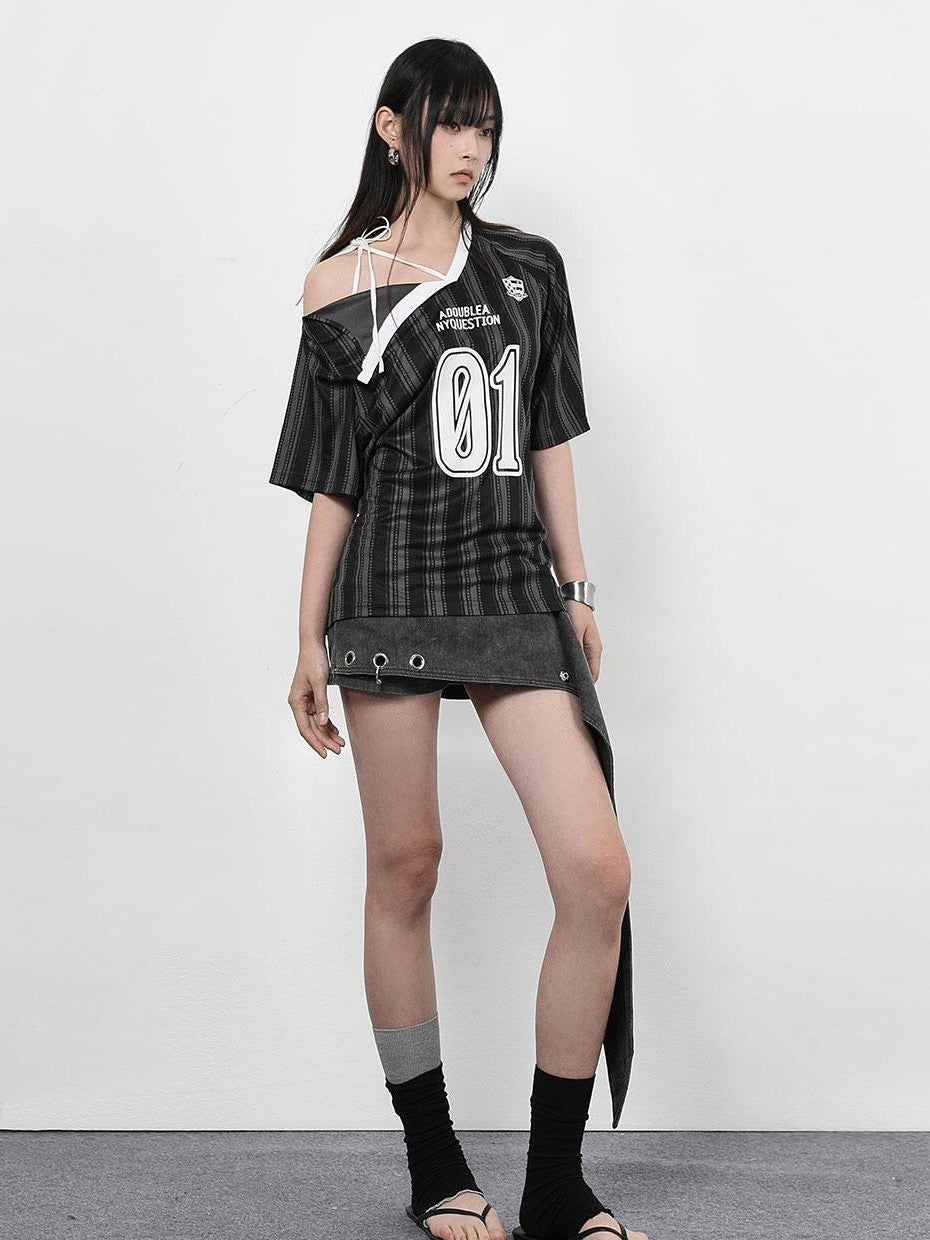 ANYQUESTION Black White Striped Mesh Lace Up Women&