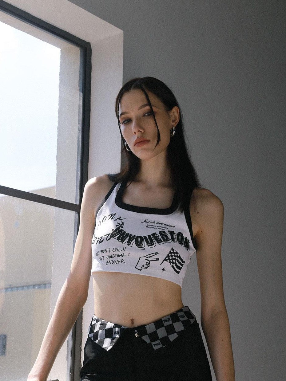ANYQUESTION Black White Trim Allover Graffiti Letter Square Neck Women&