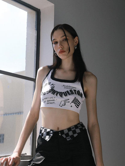 ANYQUESTION Black White Trim Allover Graffiti Letter Square Neck Women&