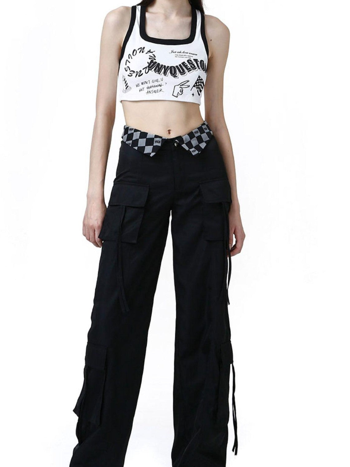 ANYQUESTION Black White Trim Allover Graffiti Letter Square Neck Women&