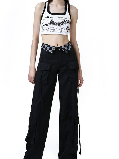 ANYQUESTION Black White Trim Allover Graffiti Letter Square Neck Women&