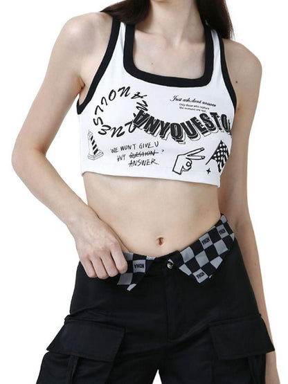 ANYQUESTION Black White Trim Allover Graffiti Letter Square Neck Women&