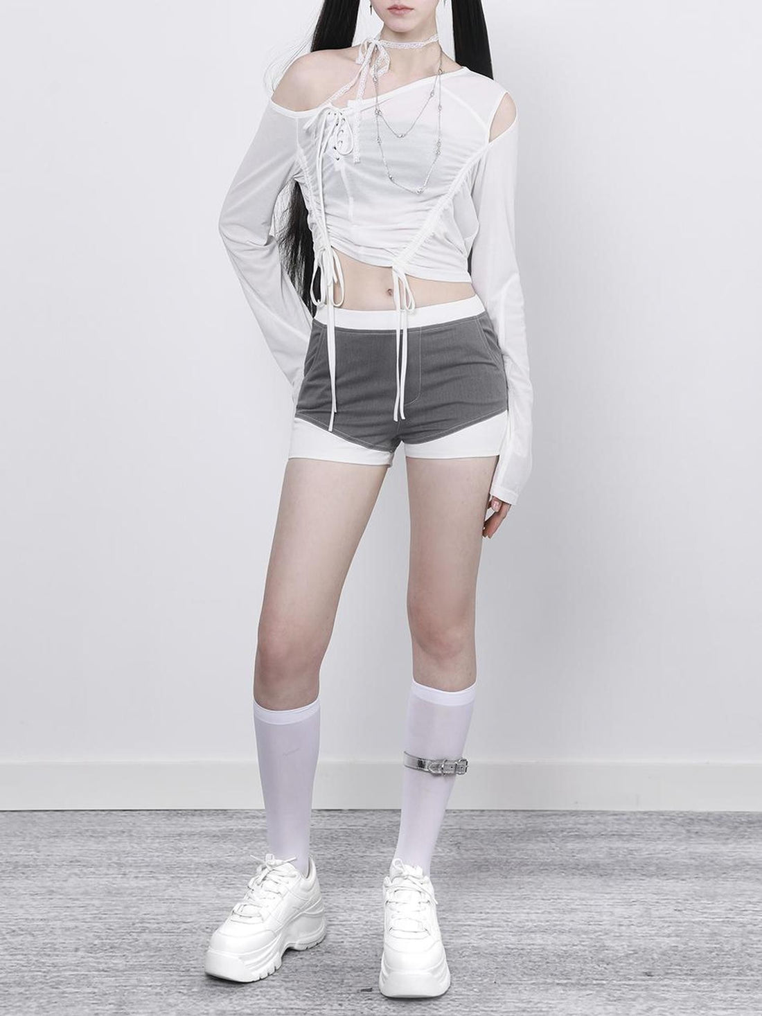 ANYQUESTION Black White Two Tone Exposed Stitch Women&