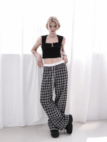 Black White Two Tone Metal Buckle Straight Neck Women&