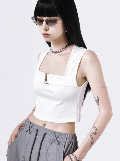 Black White Two Tone Metal Buckle Straight Neck Women&