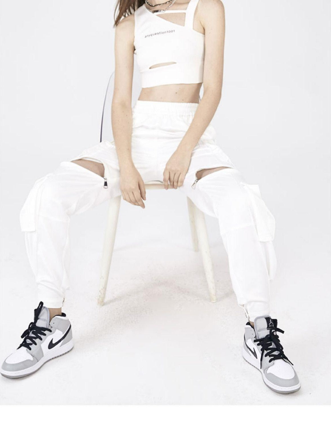 ANYQUESTION Black White Utility Workwear Letter Print Asymmetrical Women&