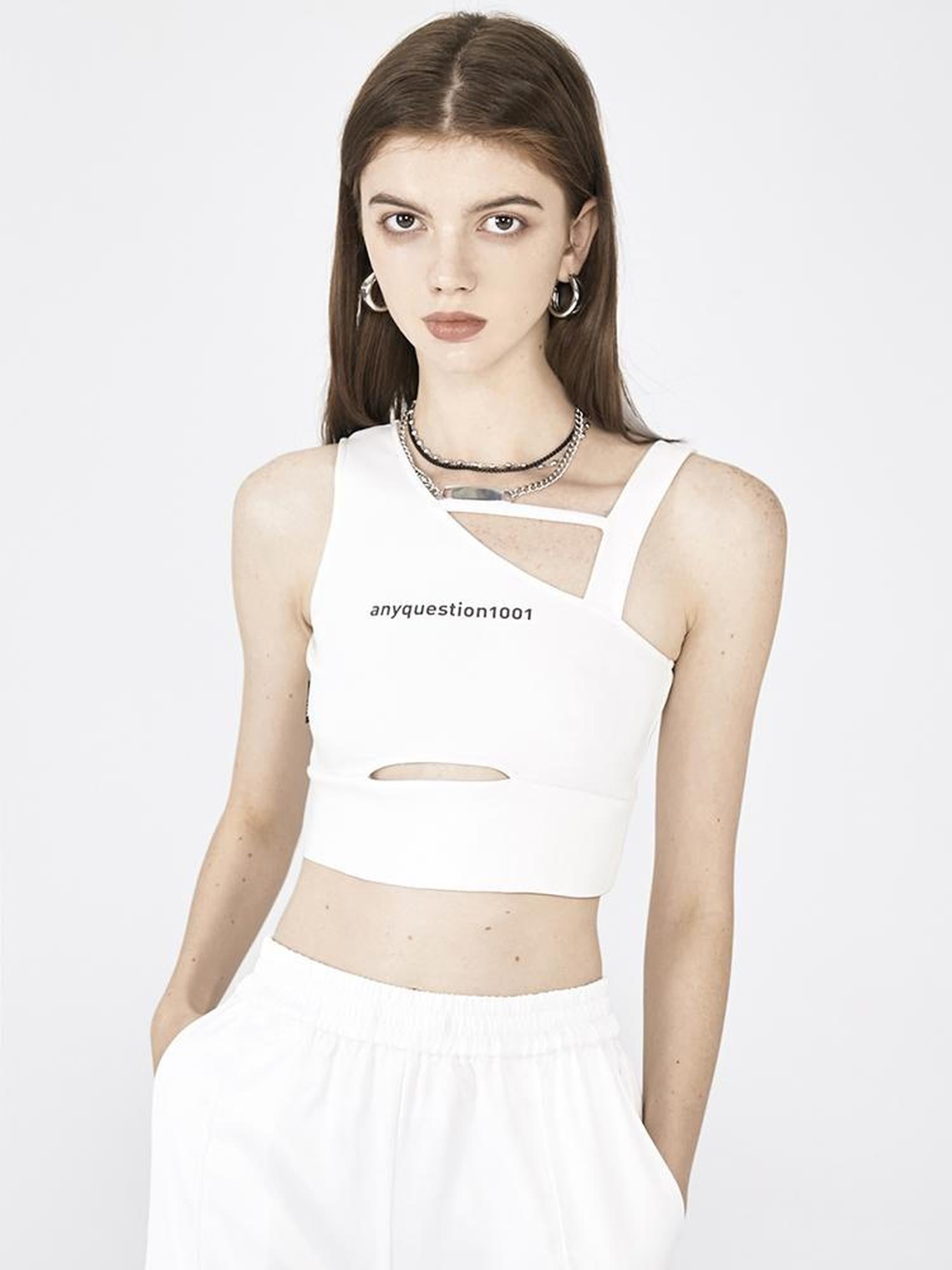 ANYQUESTION Black White Utility Workwear Letter Print Asymmetrical Women&