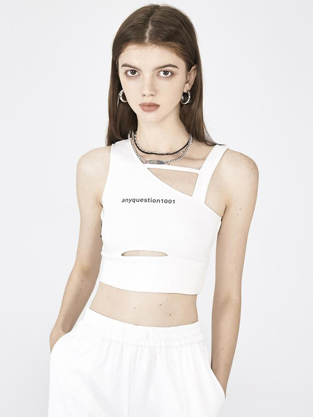 ANYQUESTION Black White Utility Workwear Letter Print Asymmetrical Women&