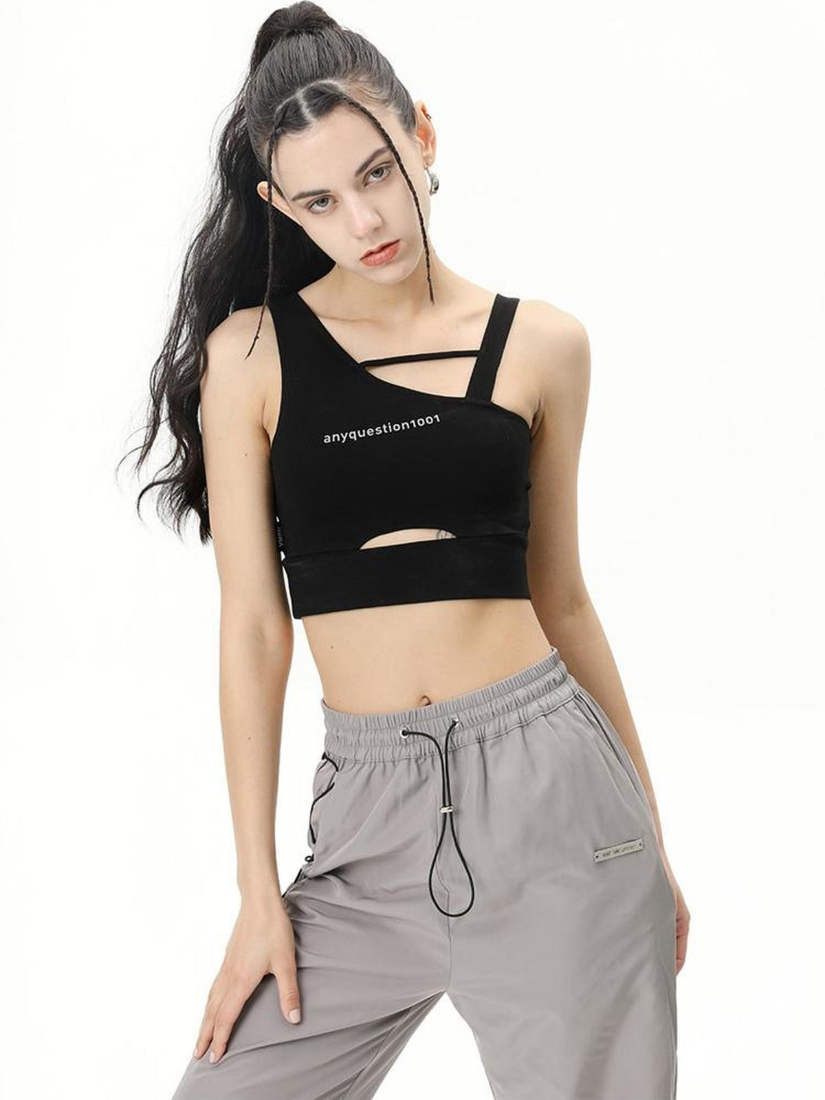 ANYQUESTION Black White Utility Workwear Letter Print Asymmetrical Women&