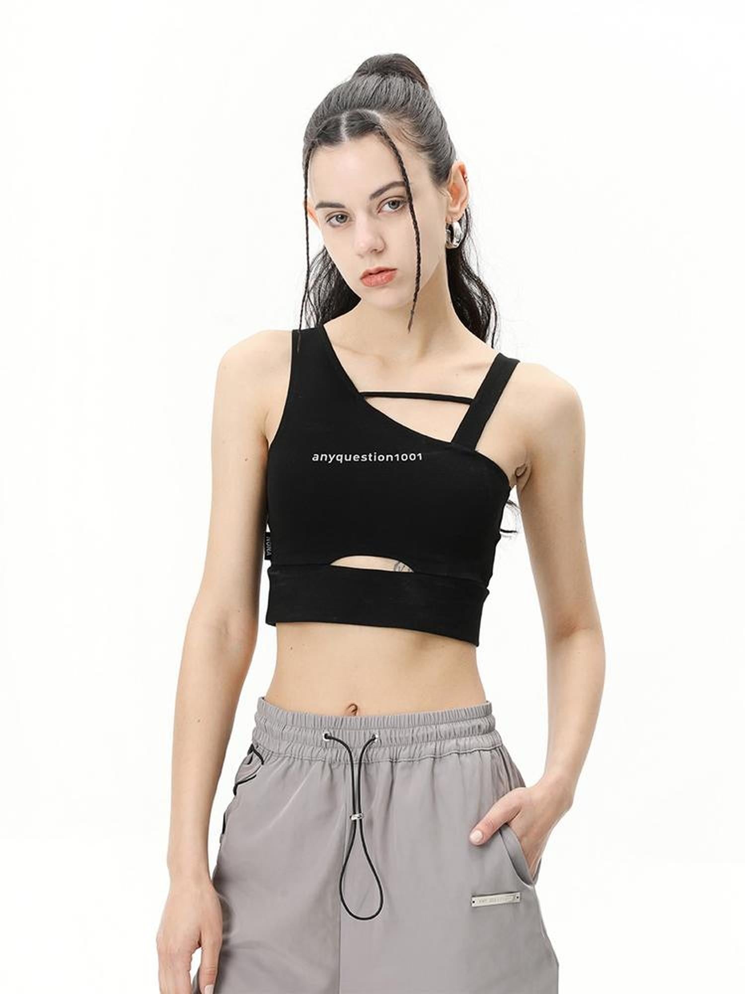 ANYQUESTION Black White Utility Workwear Letter Print Asymmetrical Women&