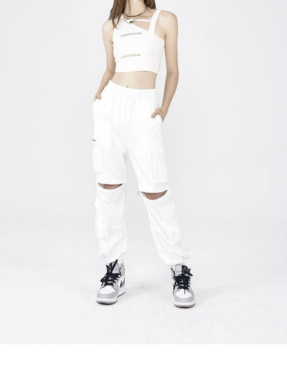 ANYQUESTION Black White Utility Workwear Letter Print Asymmetrical Women&