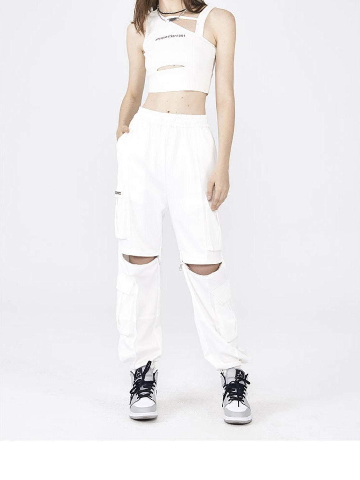 ANYQUESTION Black White Utility Workwear Letter Print Asymmetrical Women&