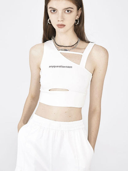 ANYQUESTION Black White Utility Workwear Letter Print Asymmetrical Women&
