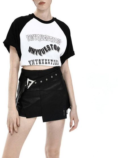 ANYQUESTION Black White Vintage Letter Print Raglan Loose Women&