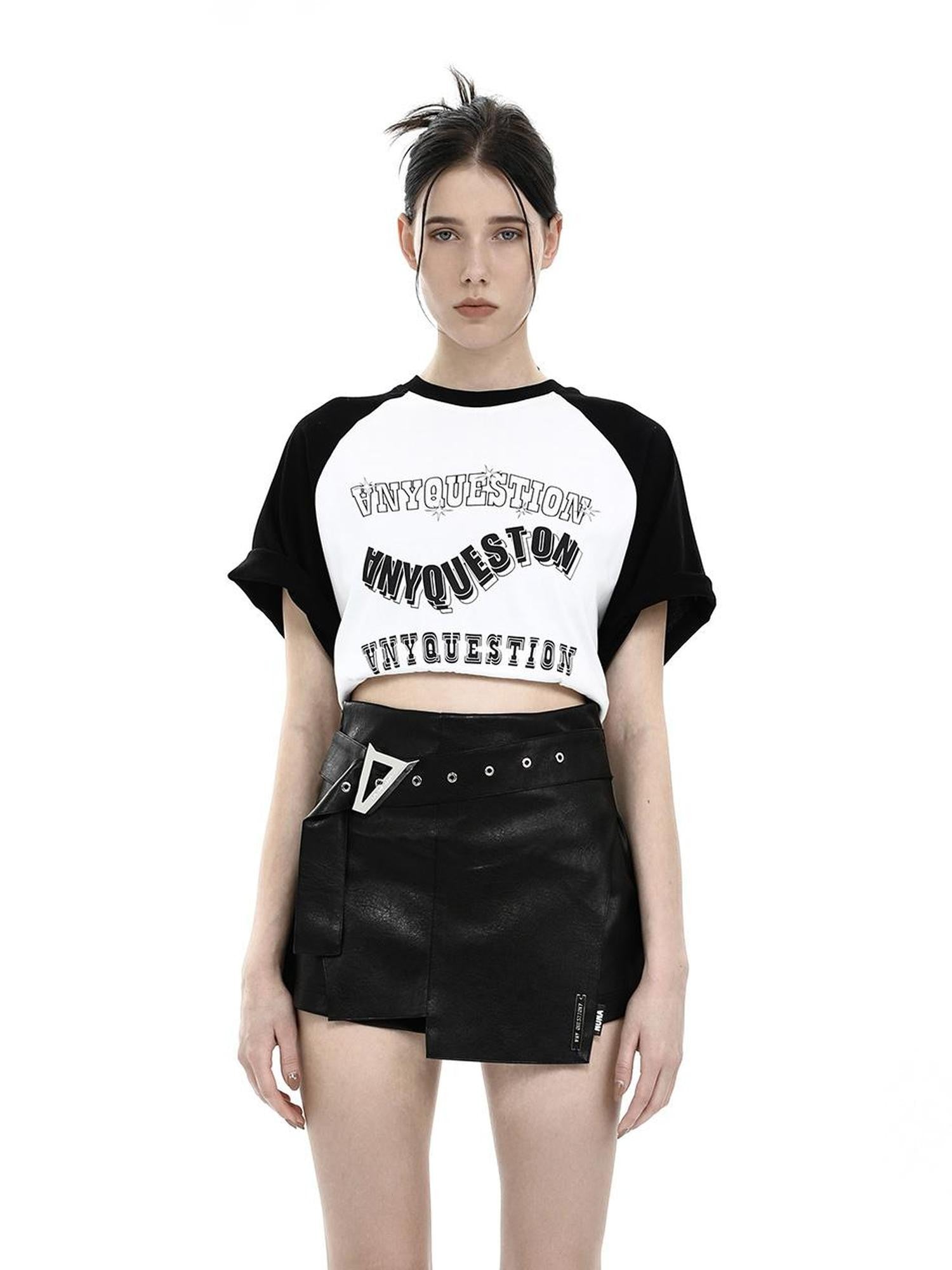 ANYQUESTION Black White Vintage Letter Print Raglan Loose Women&