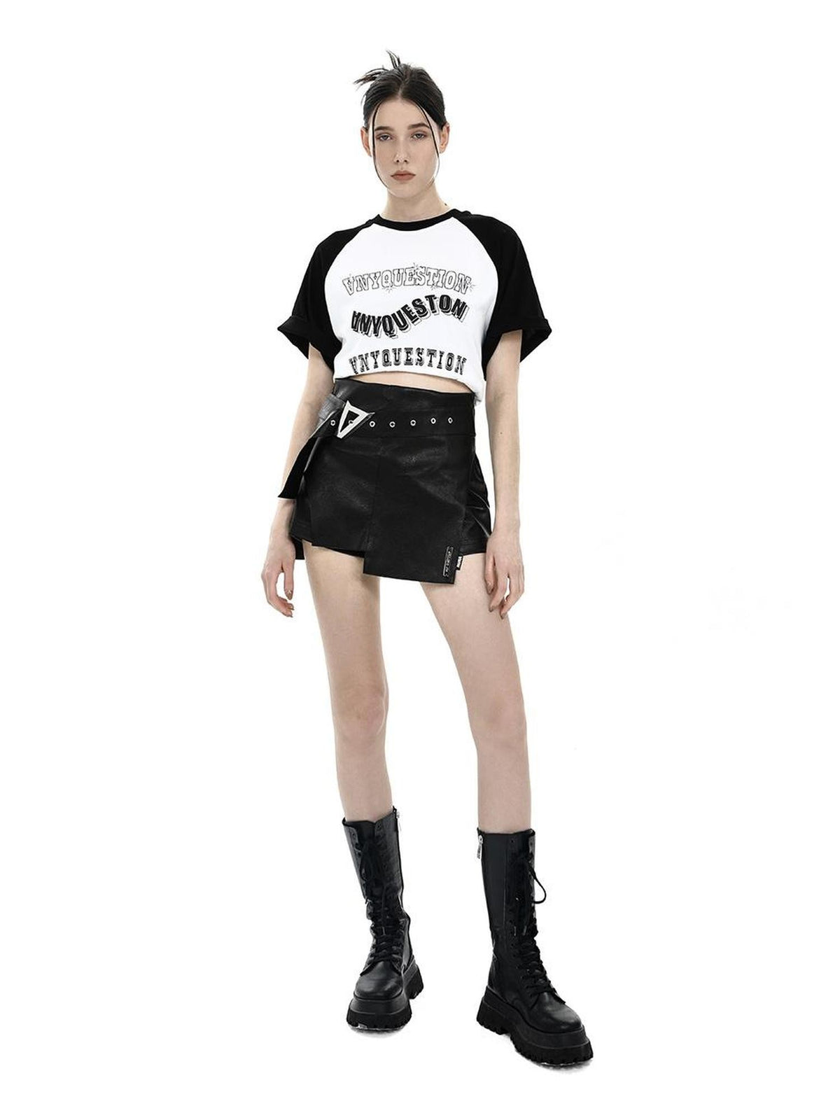 ANYQUESTION Black White Vintage Letter Print Raglan Loose Women&