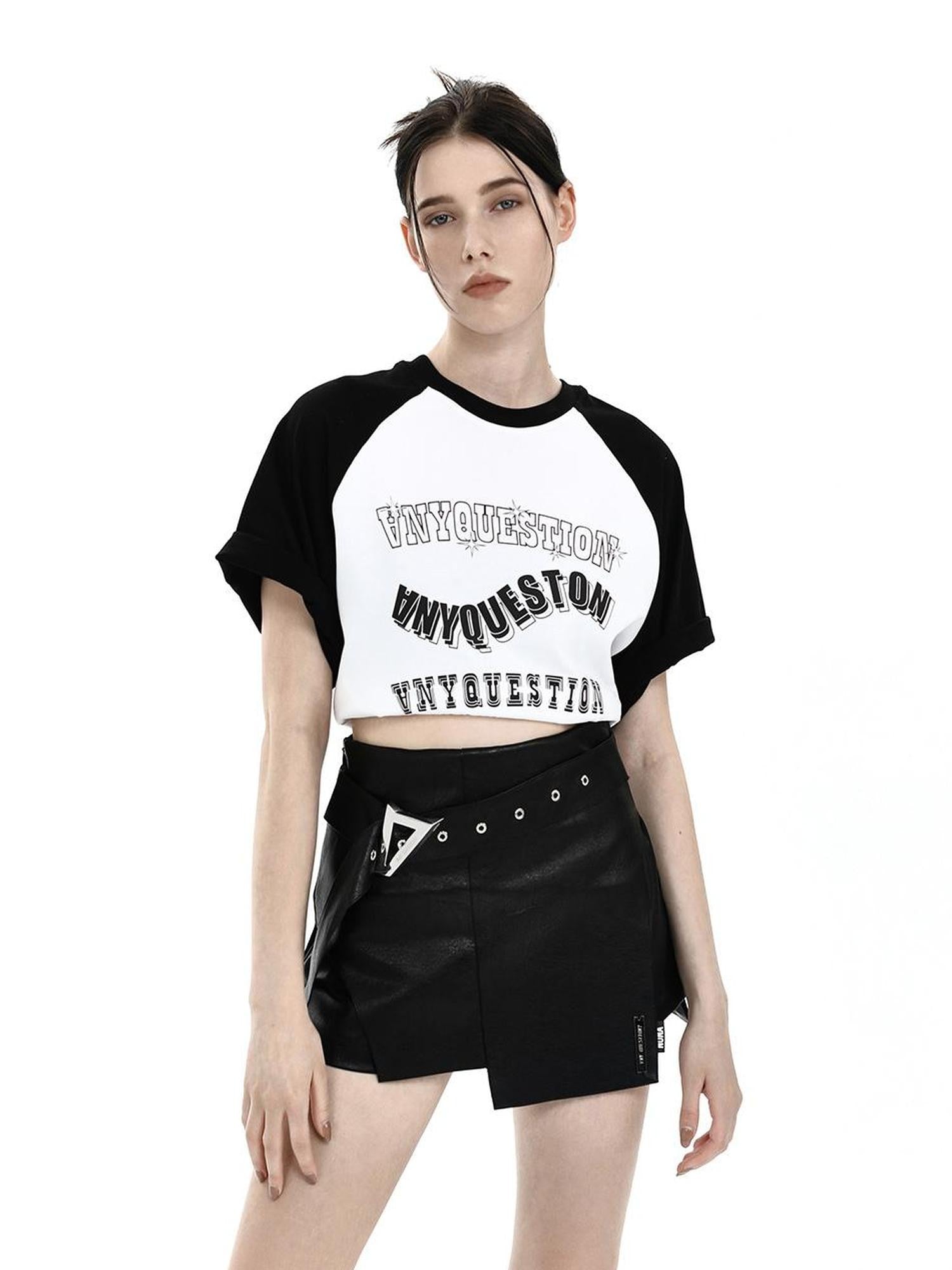 ANYQUESTION Black White Vintage Letter Print Raglan Loose Women&