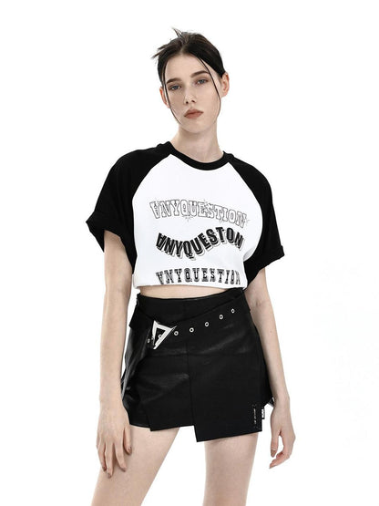 ANYQUESTION Black White Vintage Letter Print Raglan Loose Women&