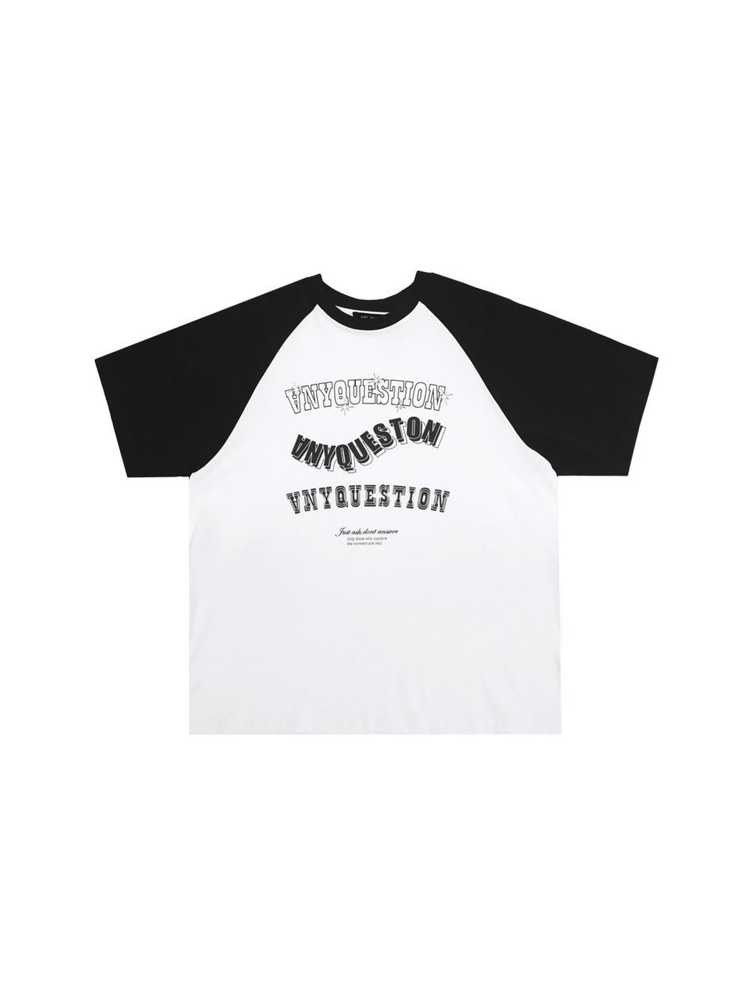 ANYQUESTION Black White Vintage Letter Print Raglan Loose Women&