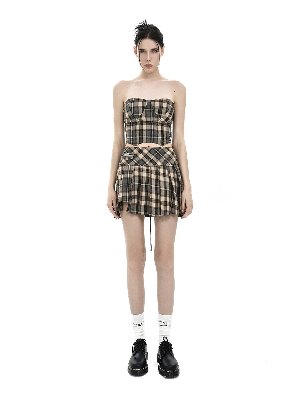ANYQUESTION_Camel_Check_Low_Rise_Asymmetric_Pleated_Women&