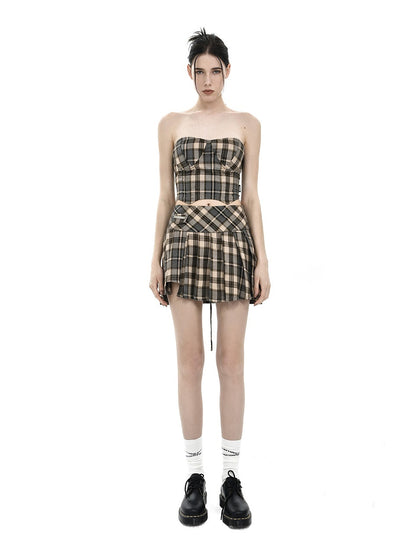 ANYQUESTION_Camel_Check_Low_Rise_Asymmetric_Pleated_Women&