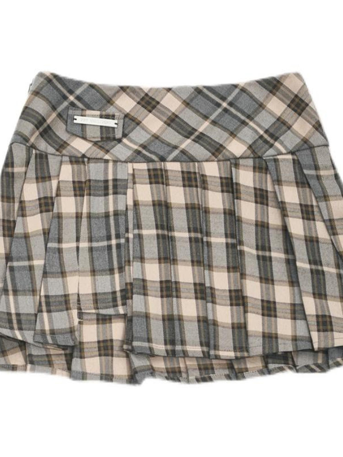 ANYQUESTION Camel Check Low Rise Asymmetric Pleated Women&