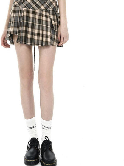 ANYQUESTION Camel Check Low Rise Asymmetric Pleated Women&