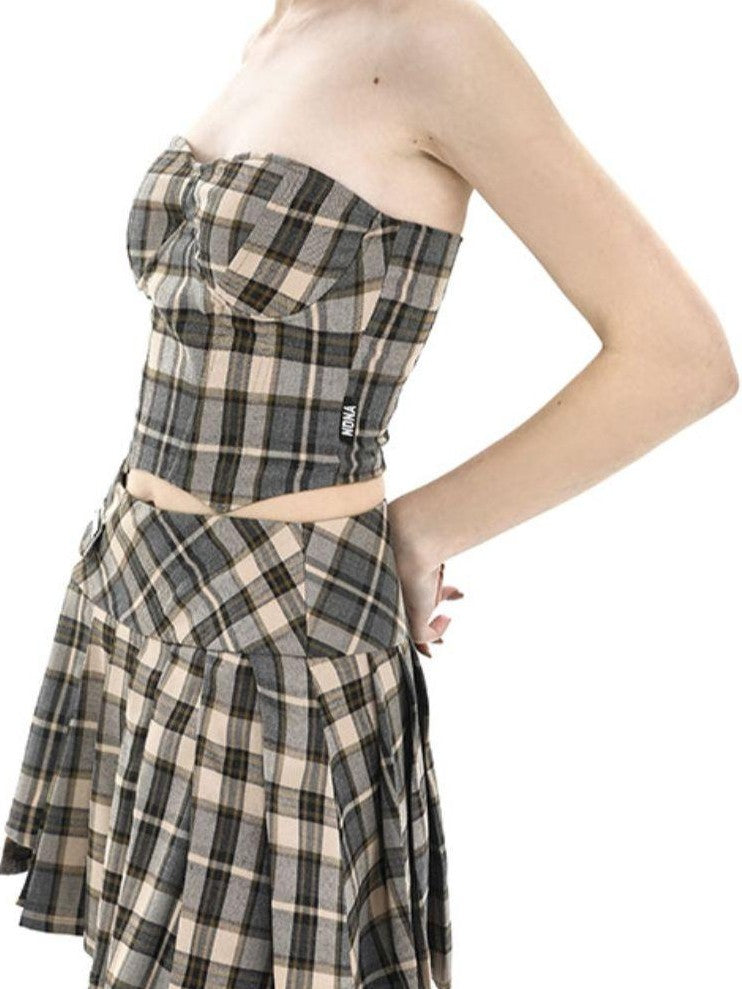 ANYQUESTION Camel Check Low Rise Asymmetric Pleated Women&