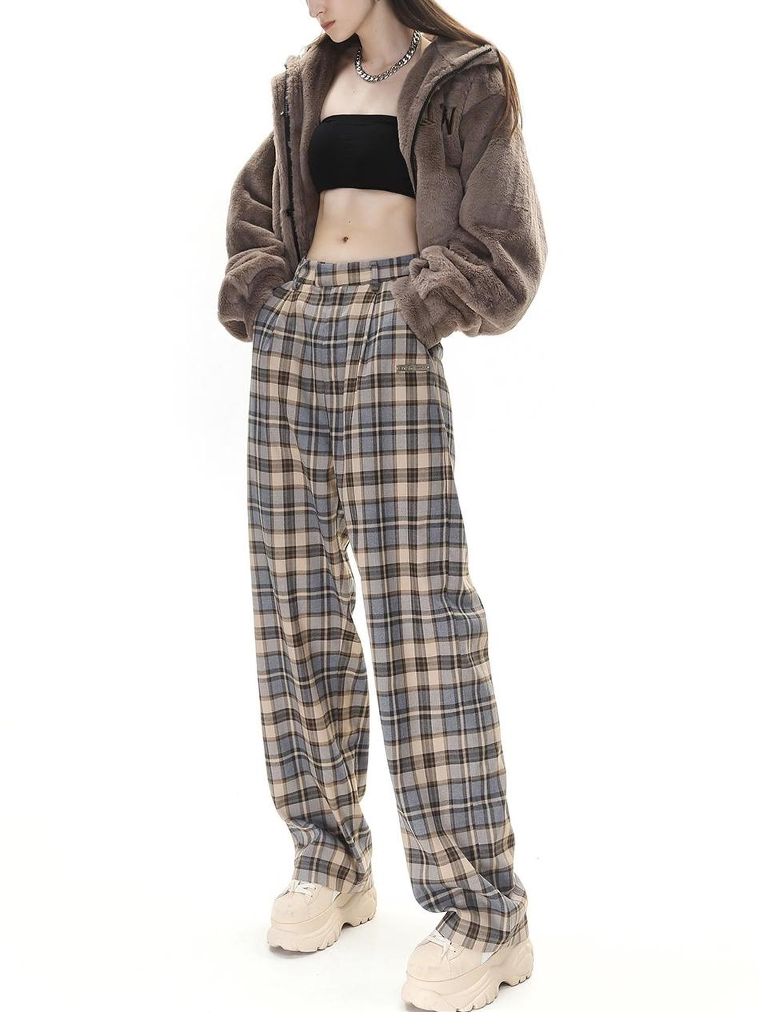 Camel Plaid High Waist Streetwear Tailored Women&