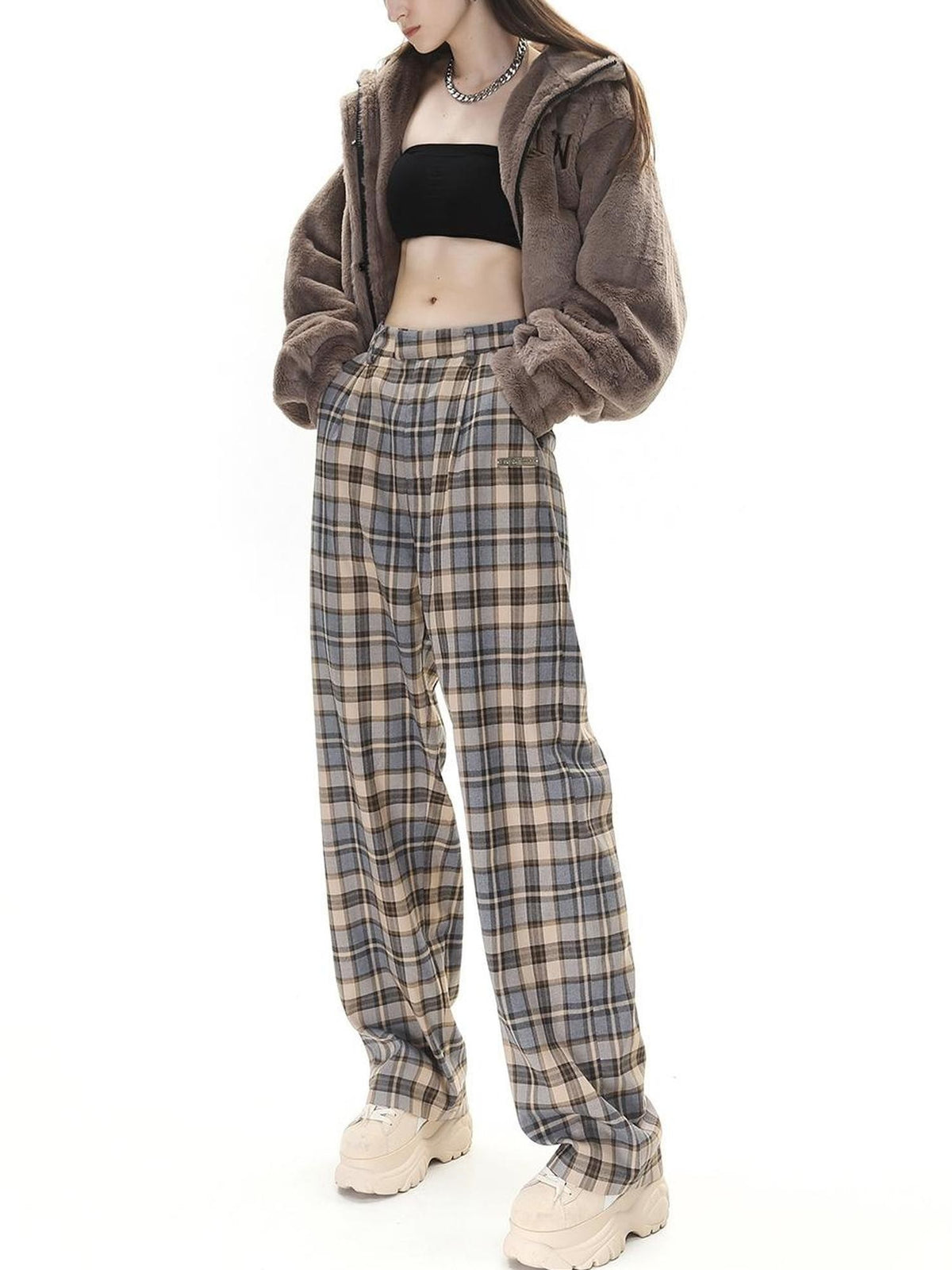 Camel Plaid High Waist Streetwear Tailored Women&
