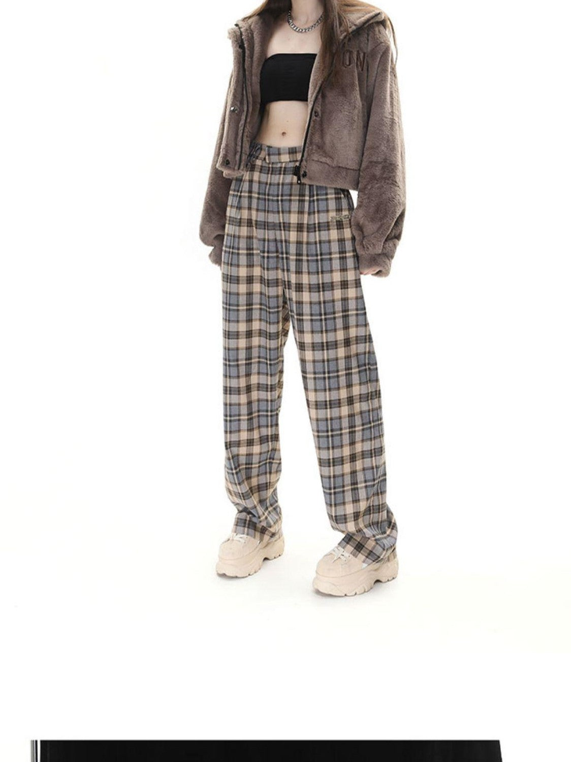 Camel Plaid High Waist Streetwear Tailored Women&