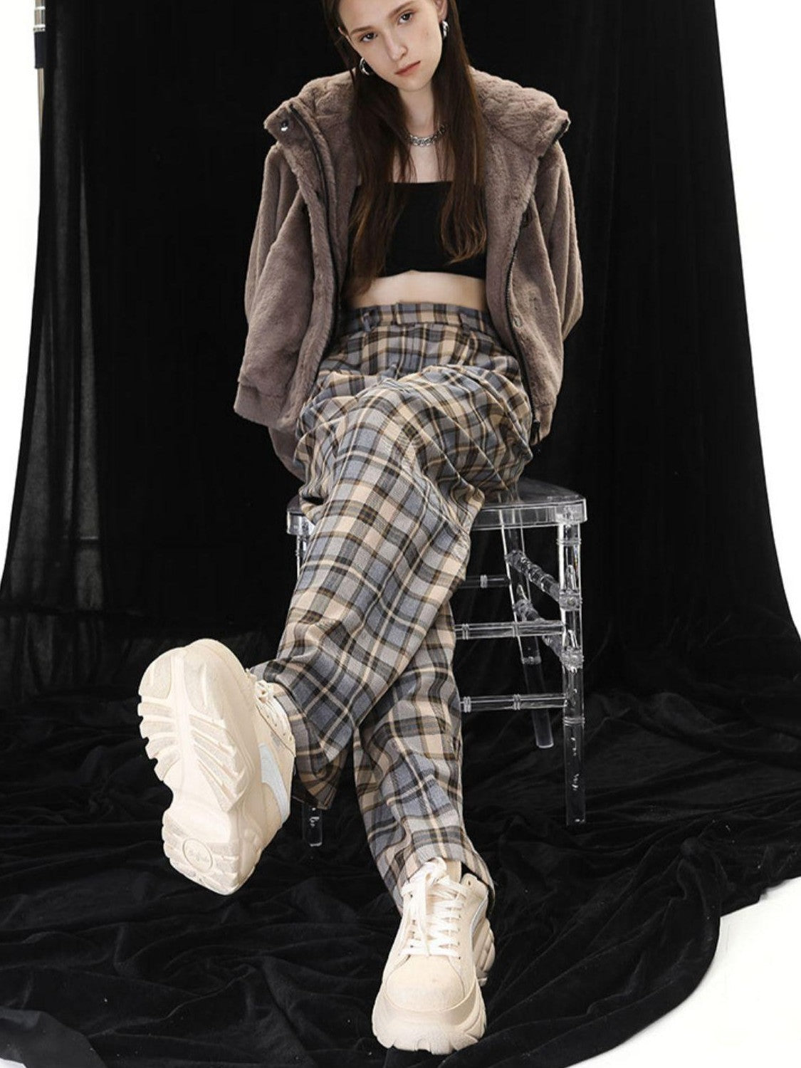 Camel Plaid High Waist Streetwear Tailored Women&