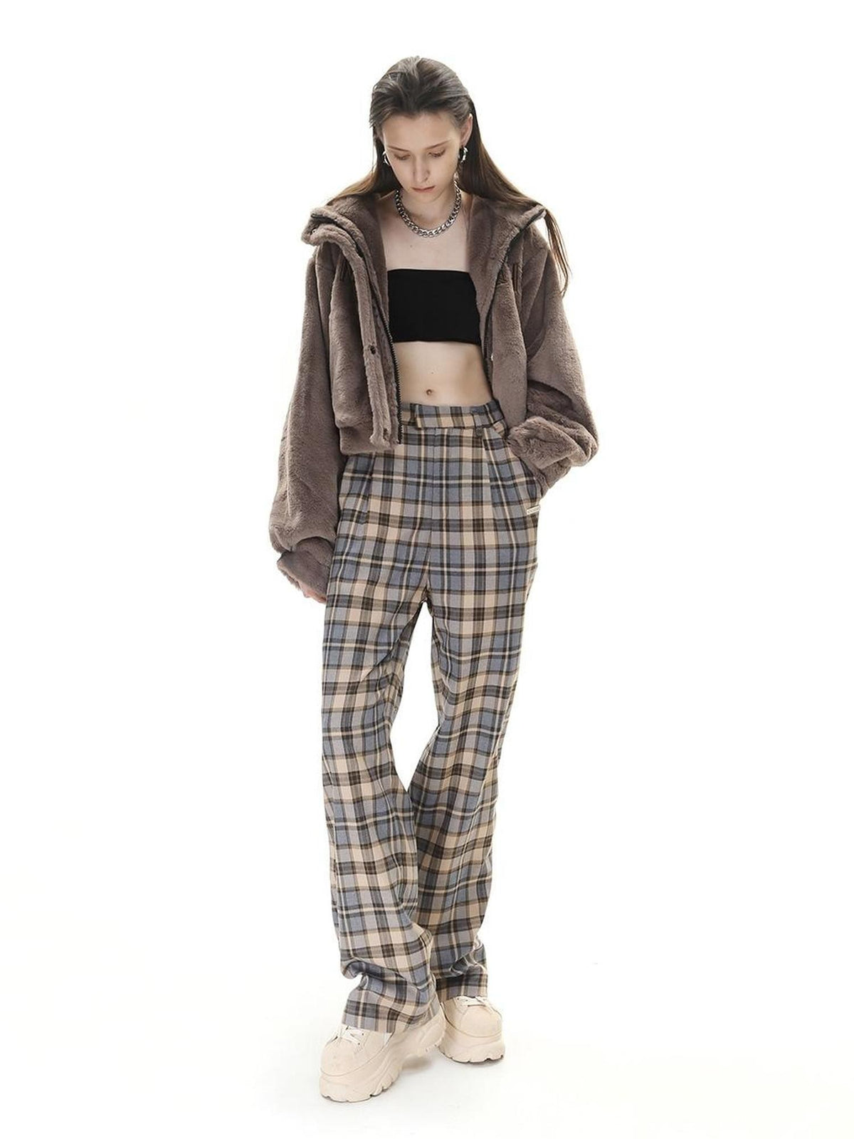 Camel Plaid High Waist Streetwear Tailored Women&