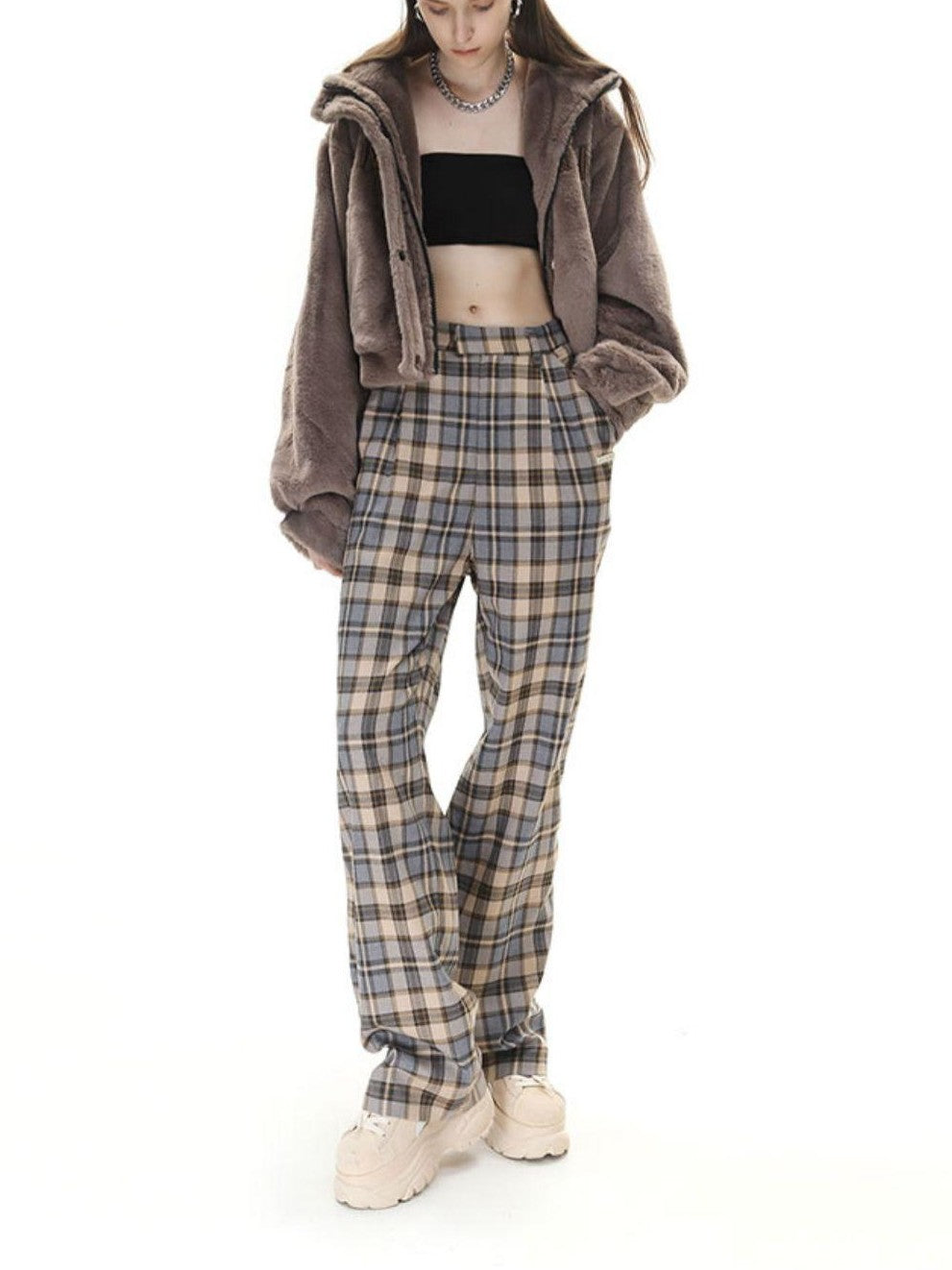 Camel Plaid High Waist Streetwear Tailored Women&
