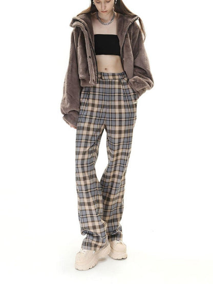 Camel Plaid High Waist Streetwear Tailored Women&