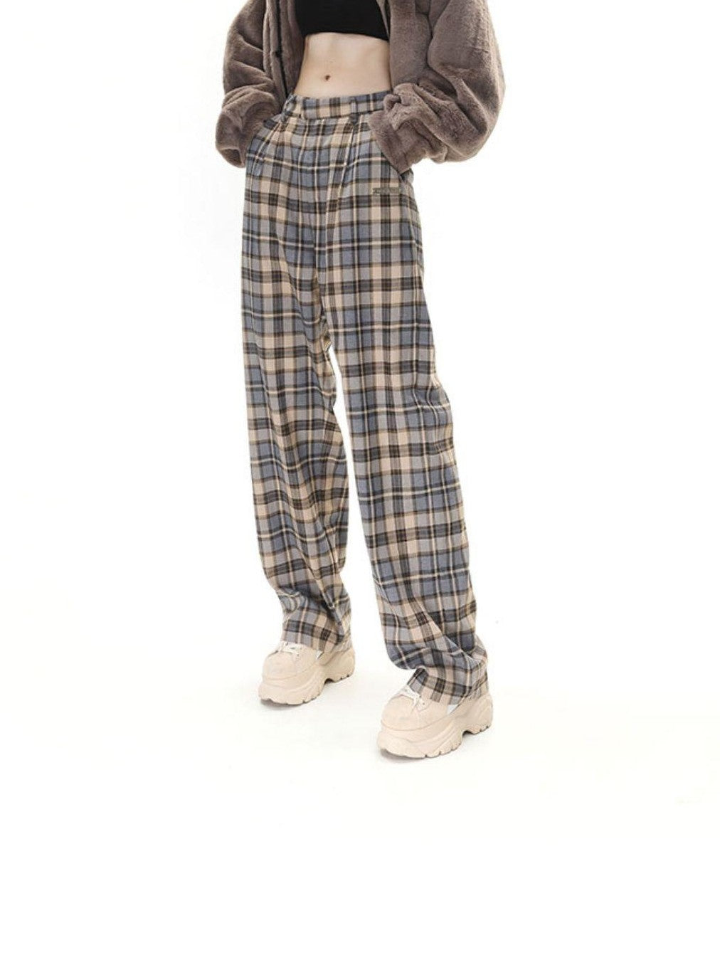 Camel Plaid High Waist Streetwear Tailored Women&