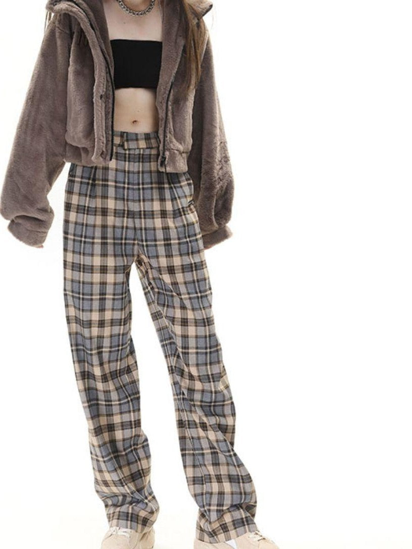 Camel Plaid High Waist Streetwear Tailored Women&