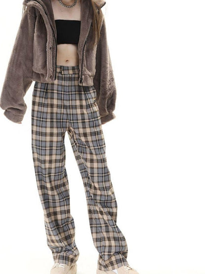 Camel Plaid High Waist Streetwear Tailored Women&