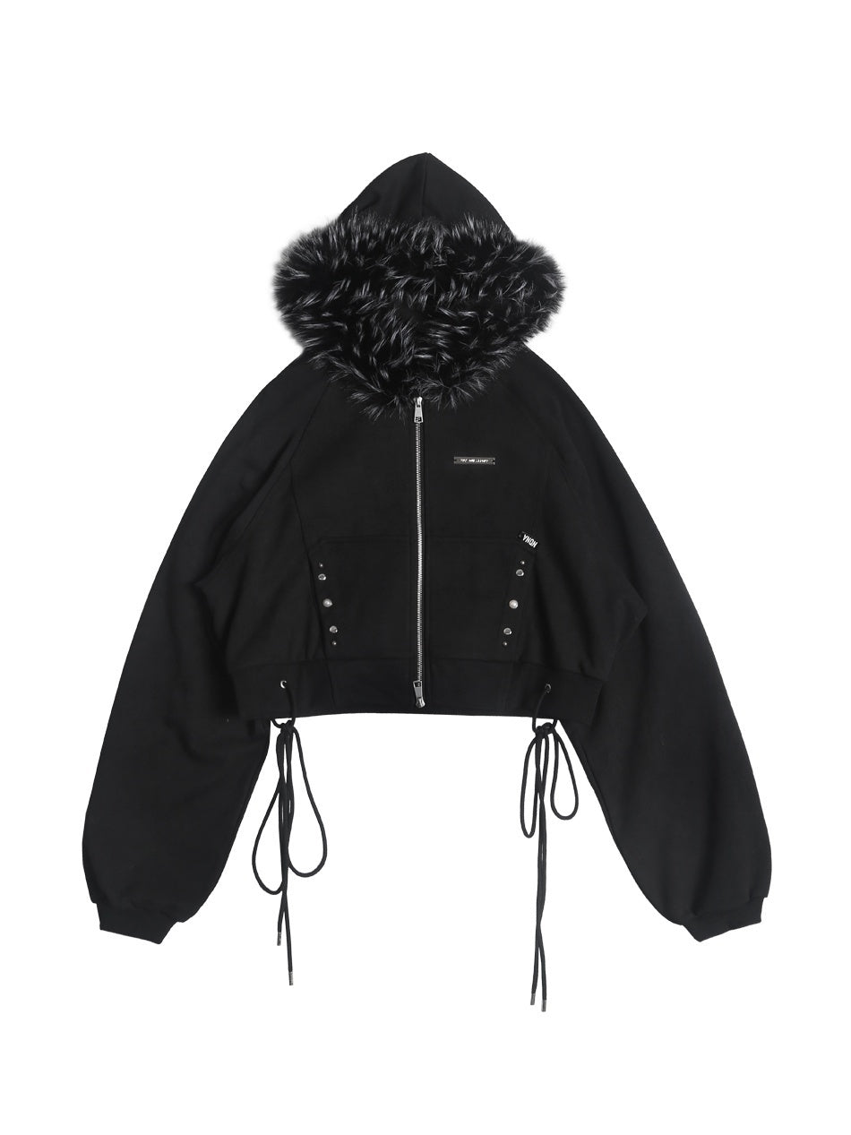 ANYQUESTION_Charcoal_Washed_Studded_Detachable_Fur_Hooded_Zip_Women&