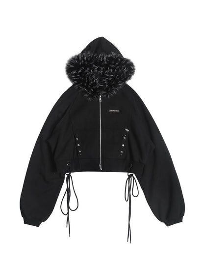 ANYQUESTION_Charcoal_Washed_Studded_Detachable_Fur_Hooded_Zip_Women&